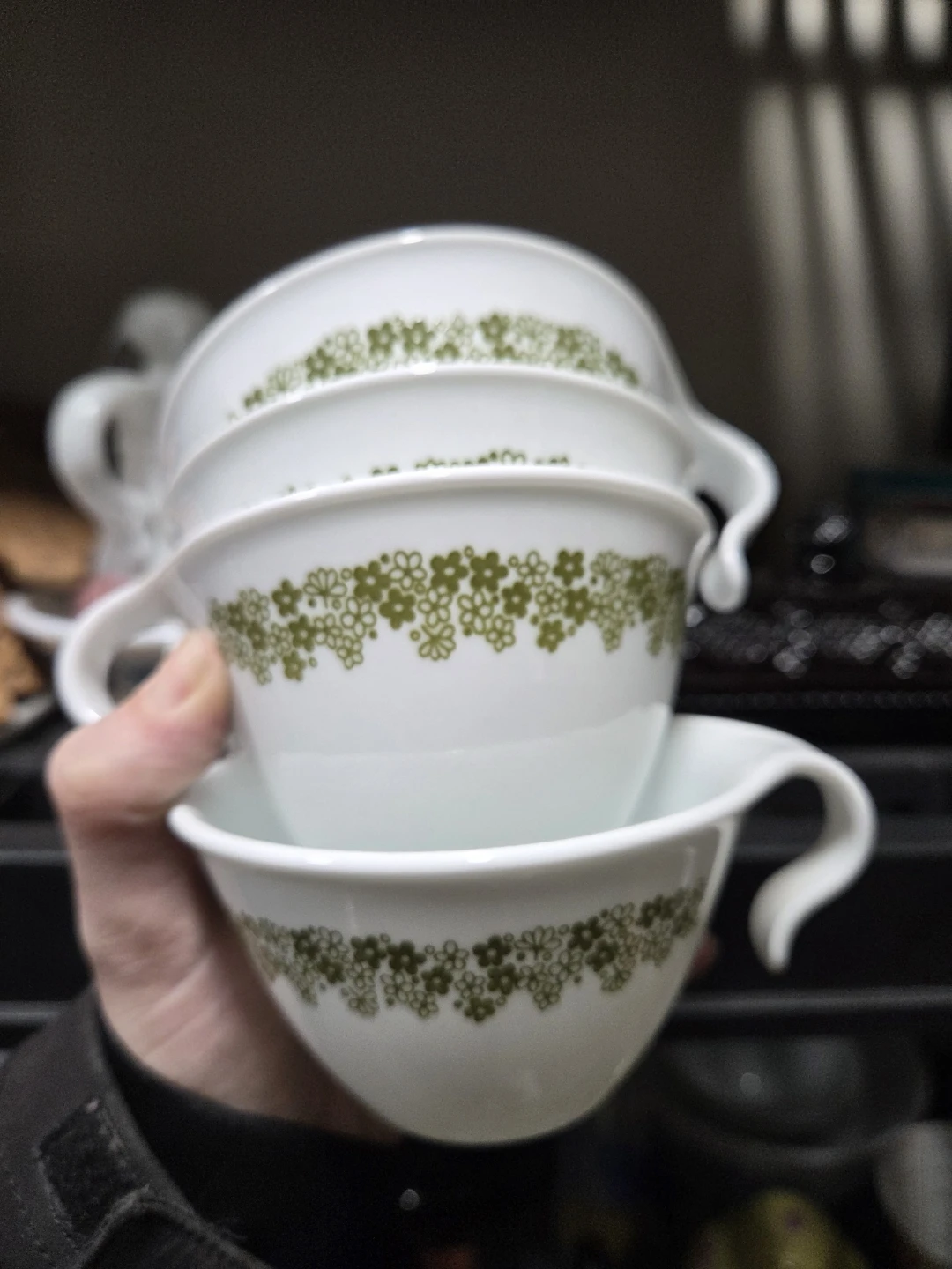 Corelle Green Floral Soup Bowls/Cups with Handles