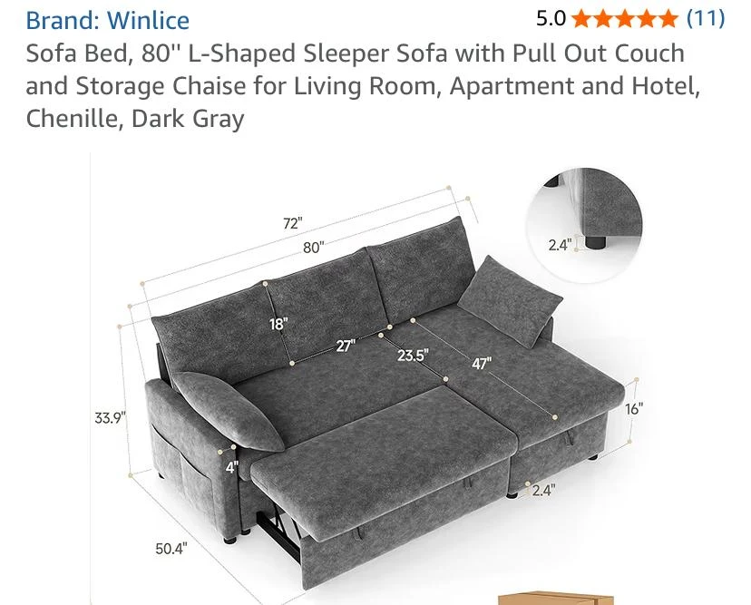 Winlice 80" L-Shaped Sleeper Sofa - Dark Gray - photo 5
