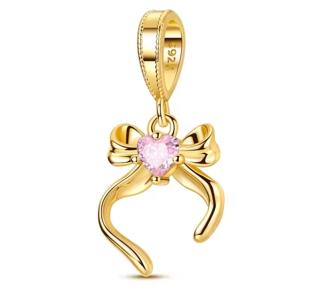 S925 Gold Plated Bowknot Charm with Pink Heart