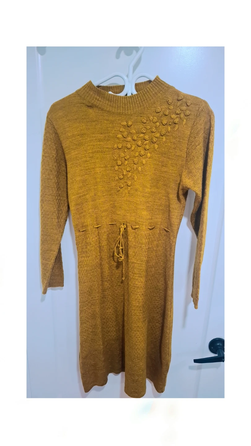Mustard Yellow Sweater Dress with Floral Detail - photo 2