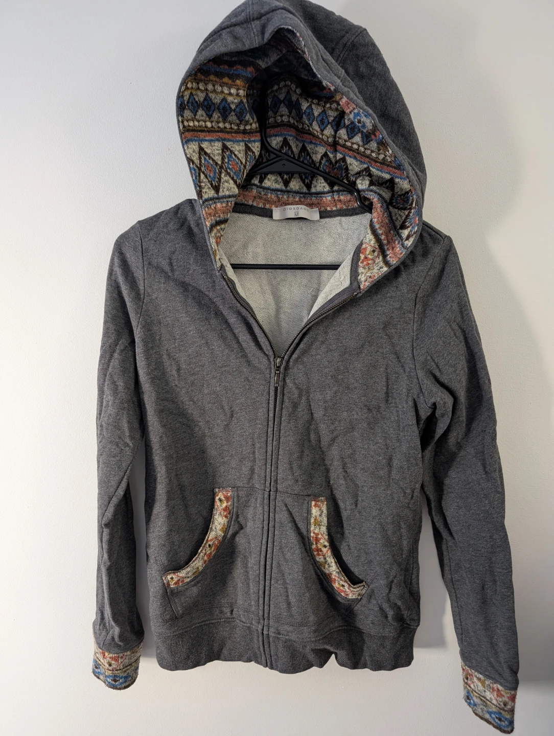Giordano Grey Hoodie Tribal Design Bohemian Arts Design
