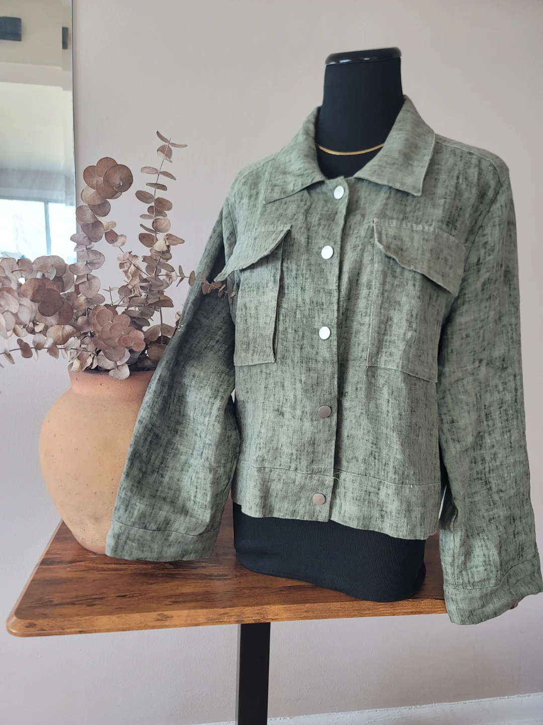 Fate Green Utility Jacket 100% Linen Cottage Boho Sz L