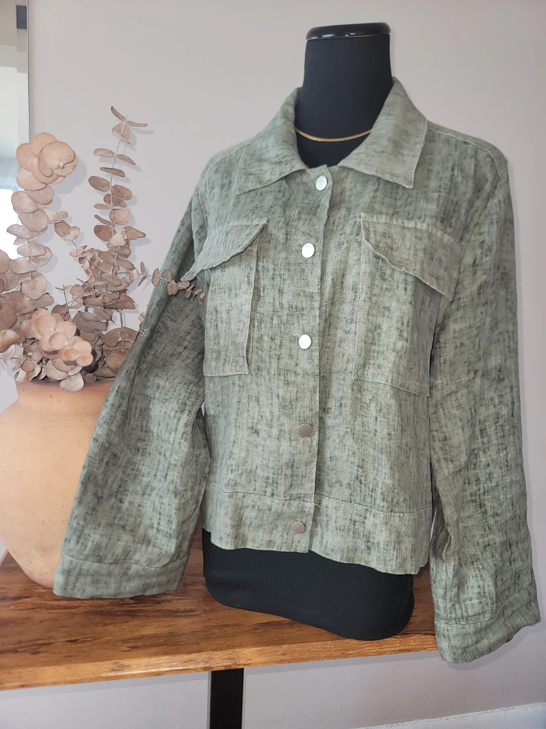 Fate Green Utility Jacket 100% Linen Cottage Boho Sz L - photo 4