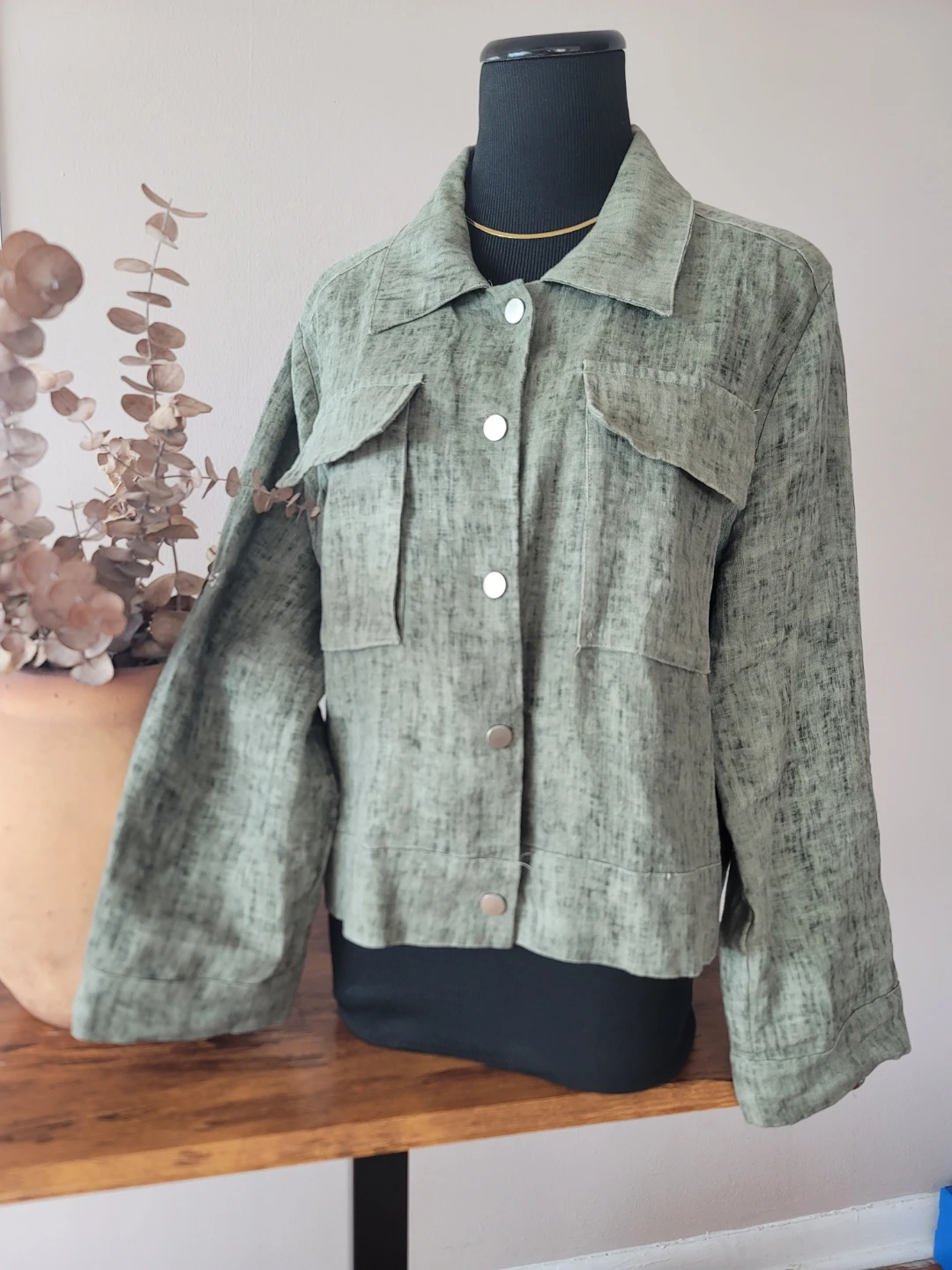 Fate Green Utility Jacket 100% Linen Cottage Boho Sz L - photo 5