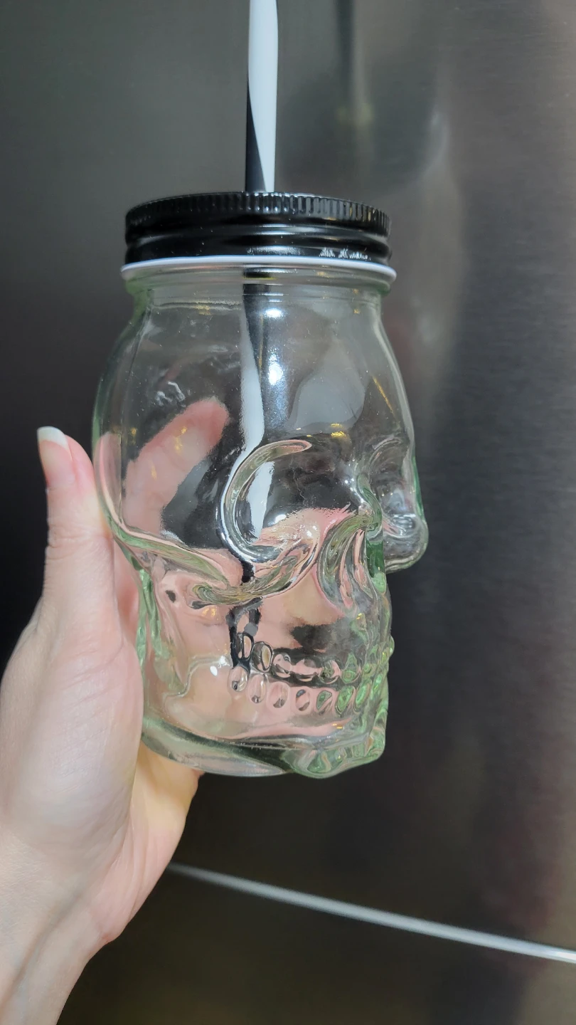 Skull Shaped Glass Jar with Lid and Straw