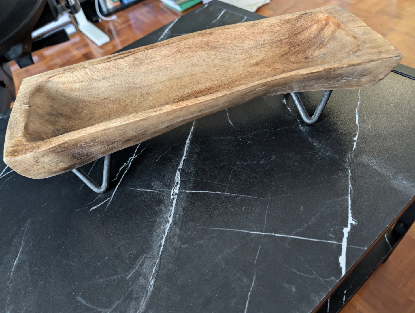 Wooden Dough Bowl with Metal Stand