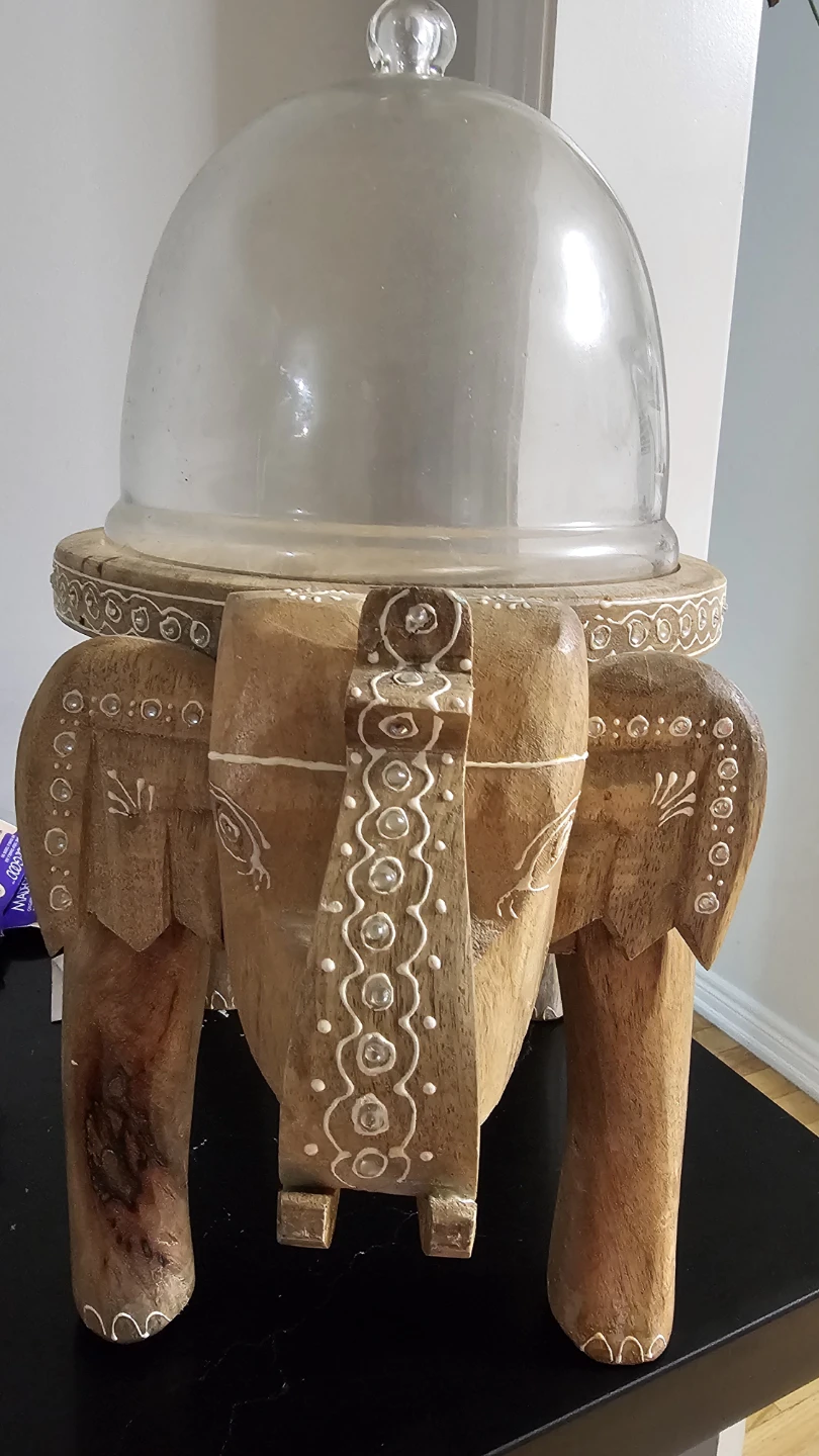 Elephant Wood Cake Stand with Glass Dome