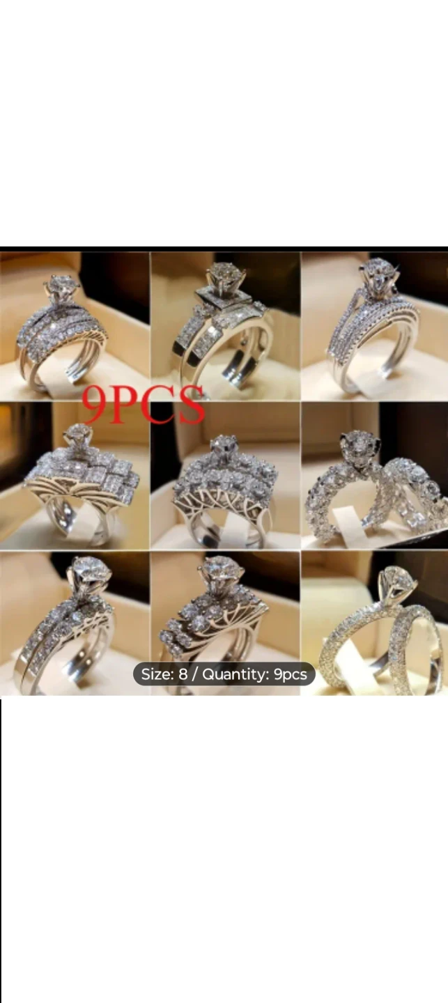 9 sets of 2pcs Silver Diamonel Ring Sets - size 7/8