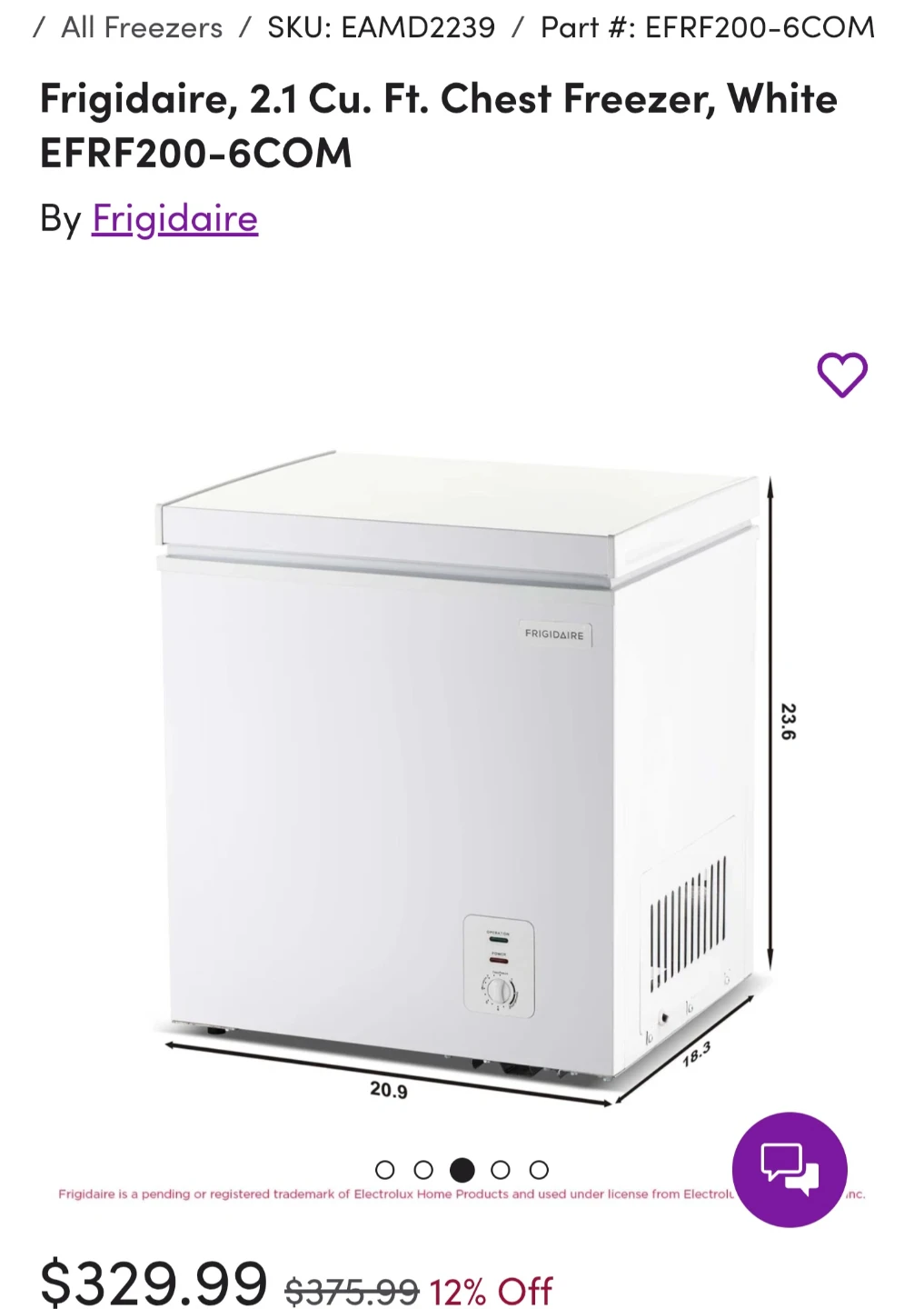 Frigidaire 18.5 in. 2.1 cu ft. White Garage Ready CHEST FREEZER