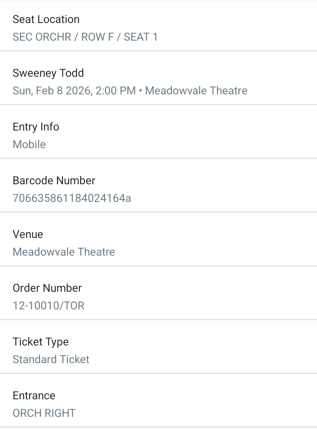 Sweeney Todd Ticket - Meadowvale Theatre - Feb 8 2026