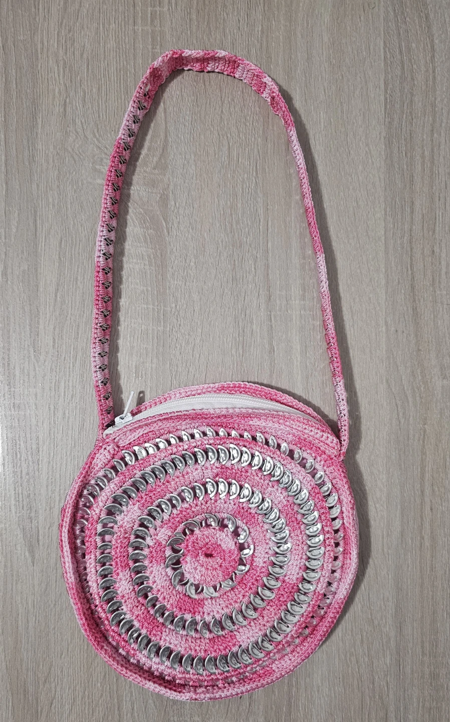Pink Crochet Circle Bag with Soda Tab Accent