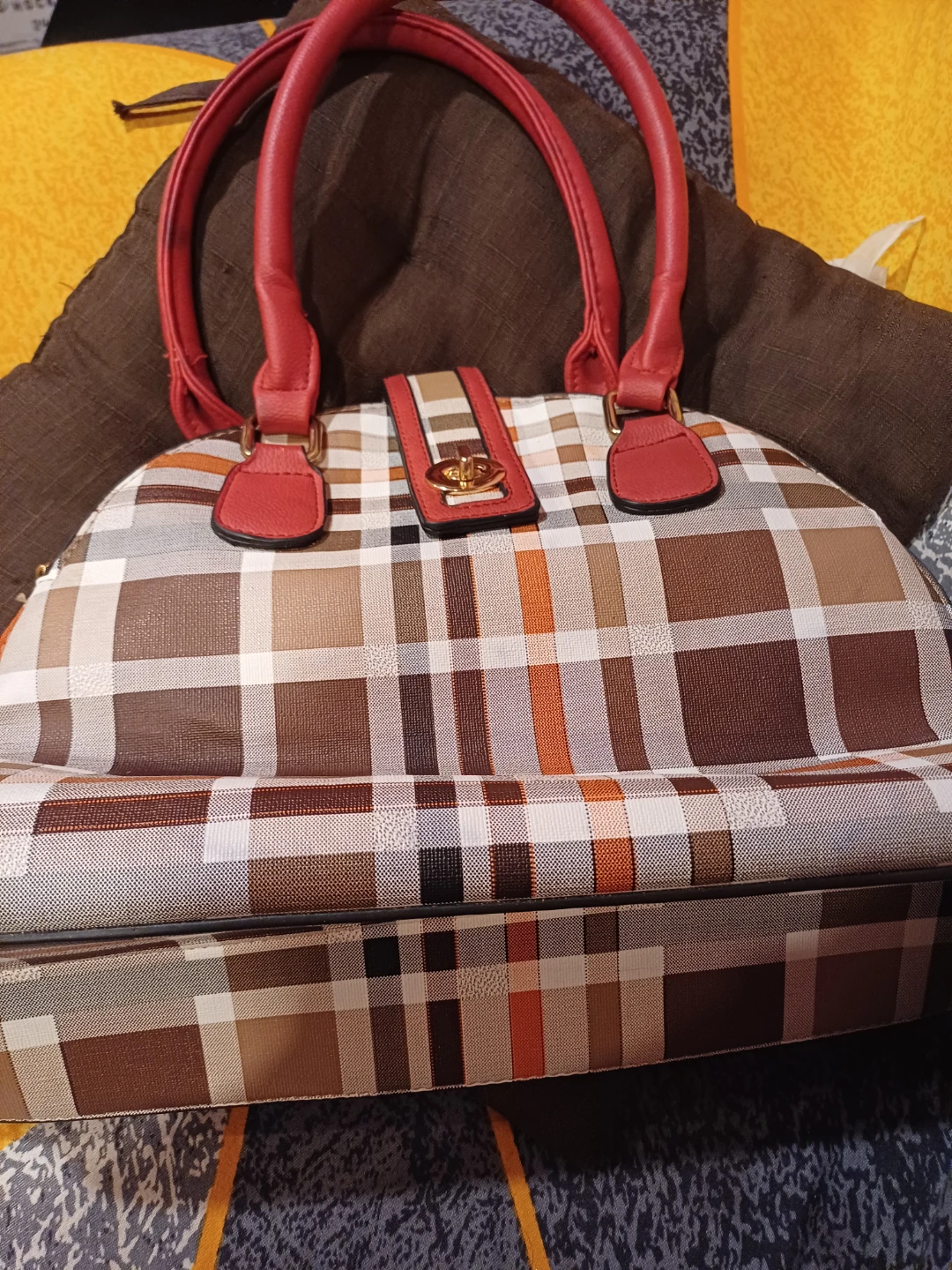 Plaid Pattern Handbag with Red Handles,🥕 - photo 2