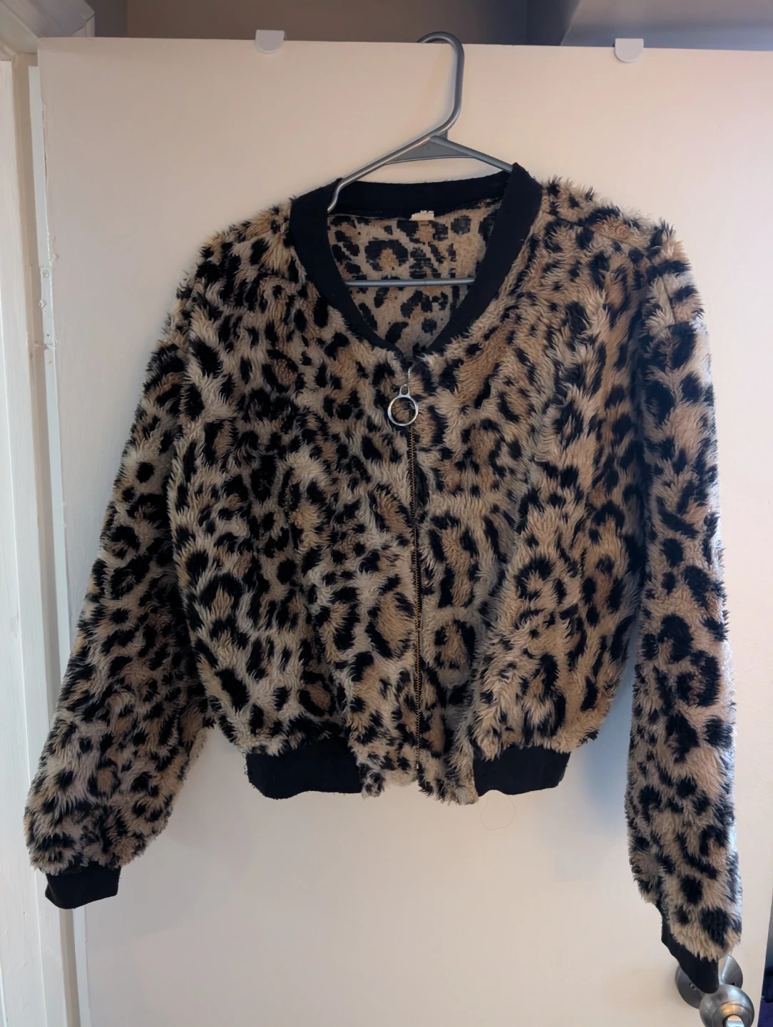 Leopard Print Fuzzy Bomber Jacket