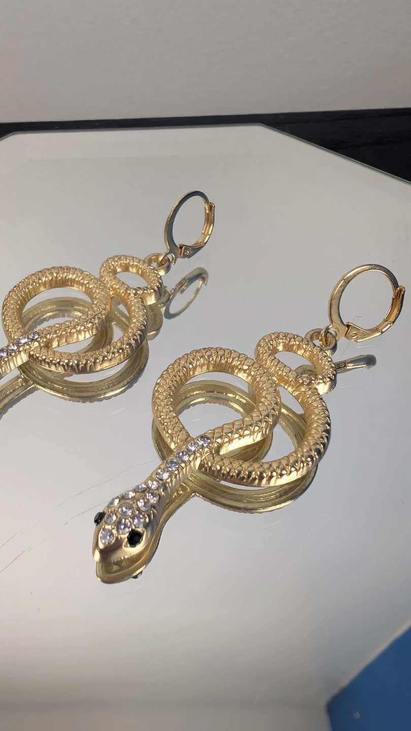 Gold tone Snake Earrings with Rhinestones - photo 2