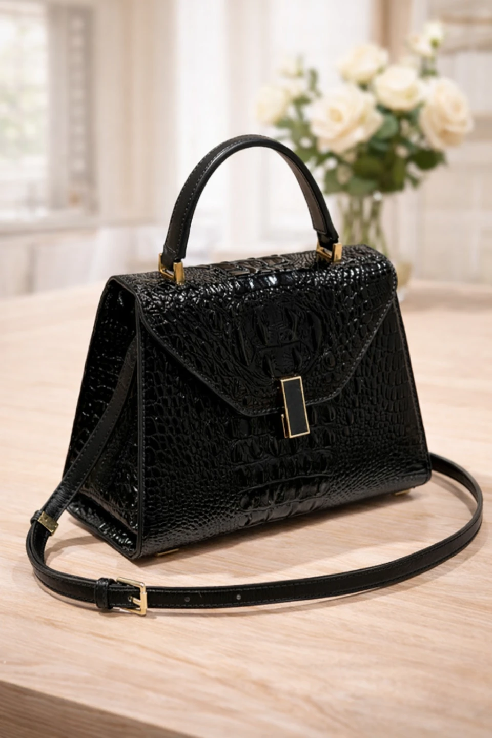 Black Croc-Embossed Top Handle Bag