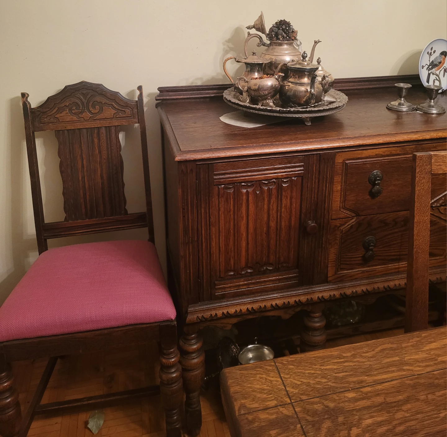 Antique Oak Dining Set - Table, Chairs, Sideboard, Hutch