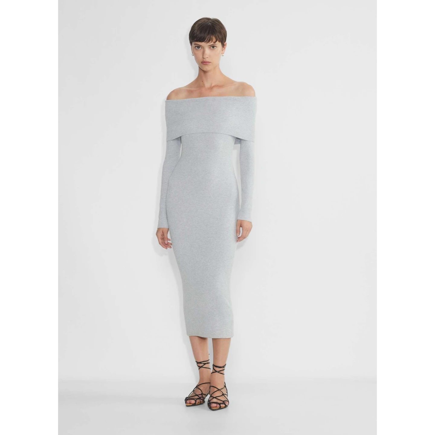 Grey Off-the-Shoulder Long Sleeve Knit Dress