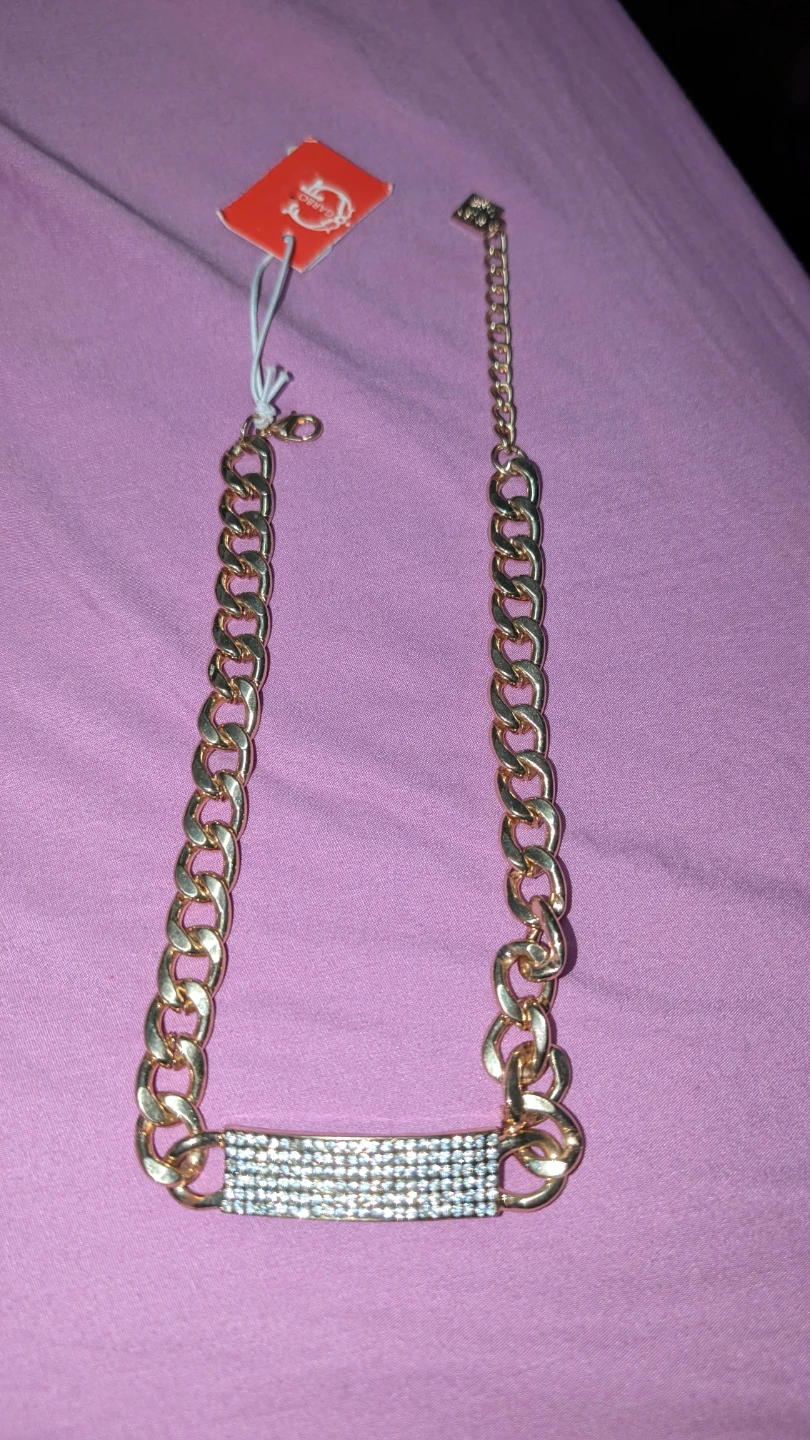 Gold Chain Necklace with Rhinestone Bar