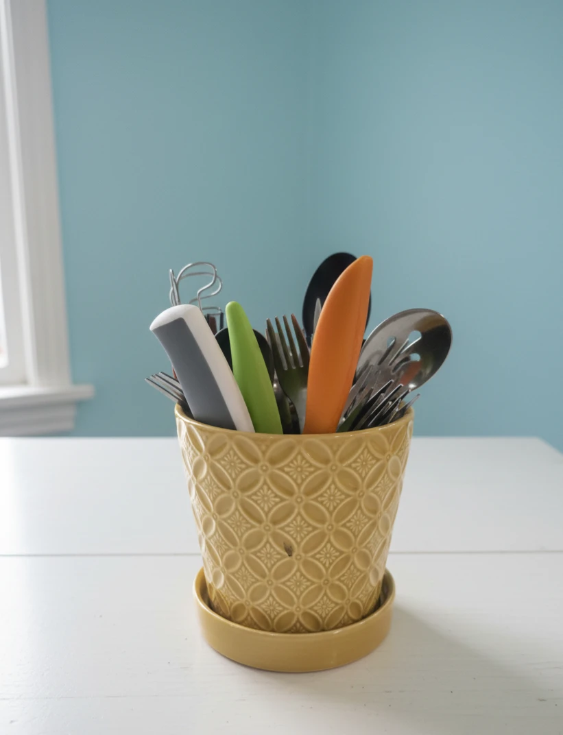 Yellow Ceramic Utensil Holder/ ceramic flower pot