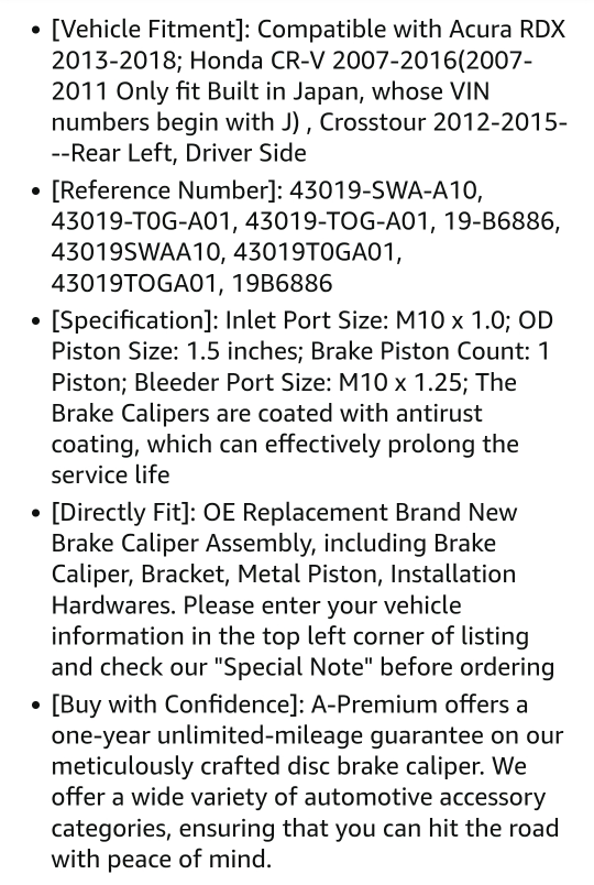 A-Premium Brake Caliper for Honda/Acura - New