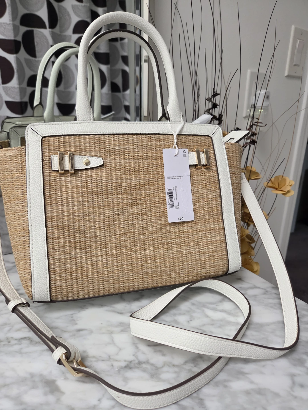 Liz Claiborne Woven Straw Tote Bag with White Trim
