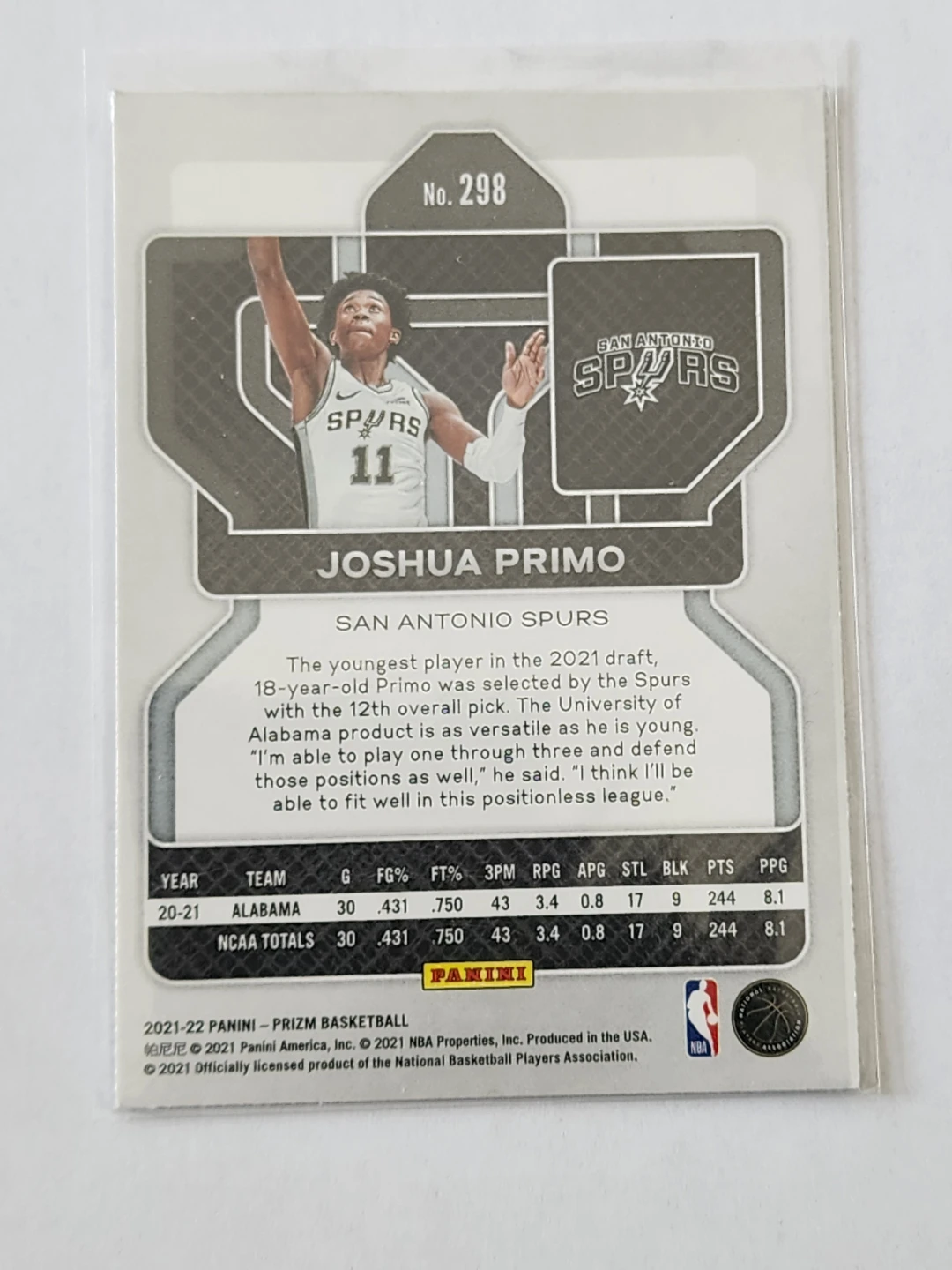 2021-22 Panini Prizm Basketball Joshua Primo RC #298 - photo 2
