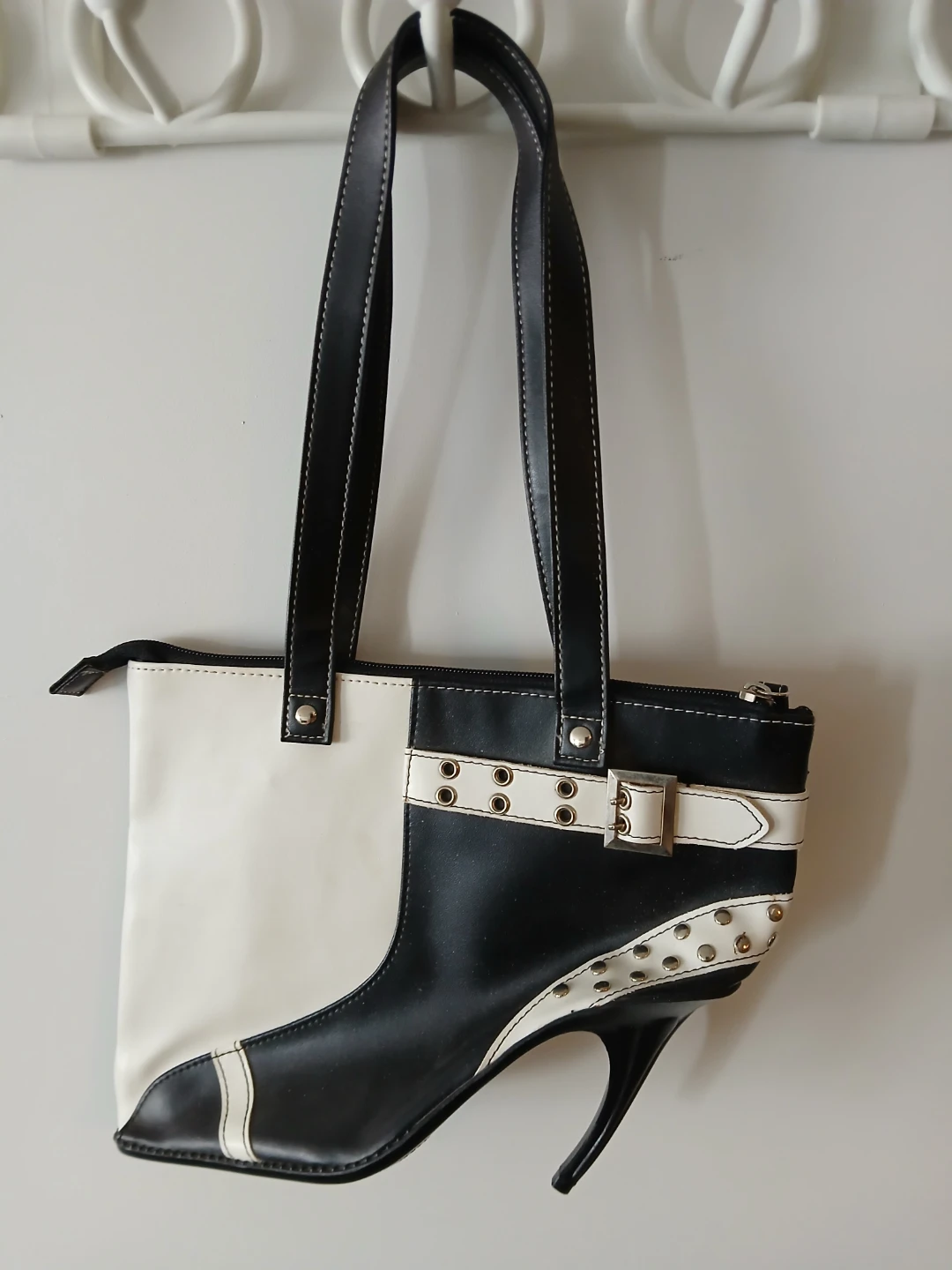 TMS Black & White Heel Purse. It's available.