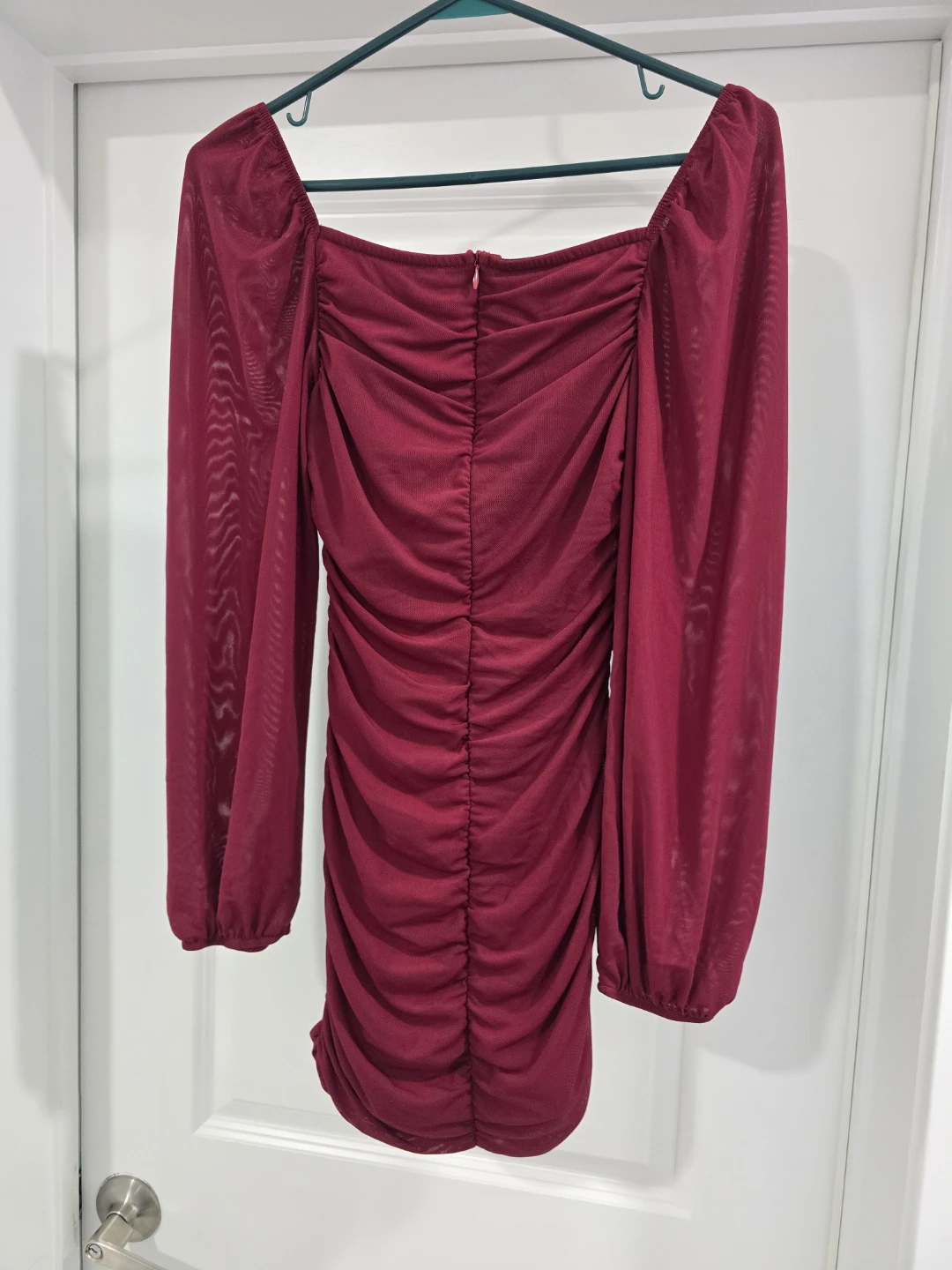Small- Maroon Ruched Mesh Sleeve Mini Dress - photo 2
