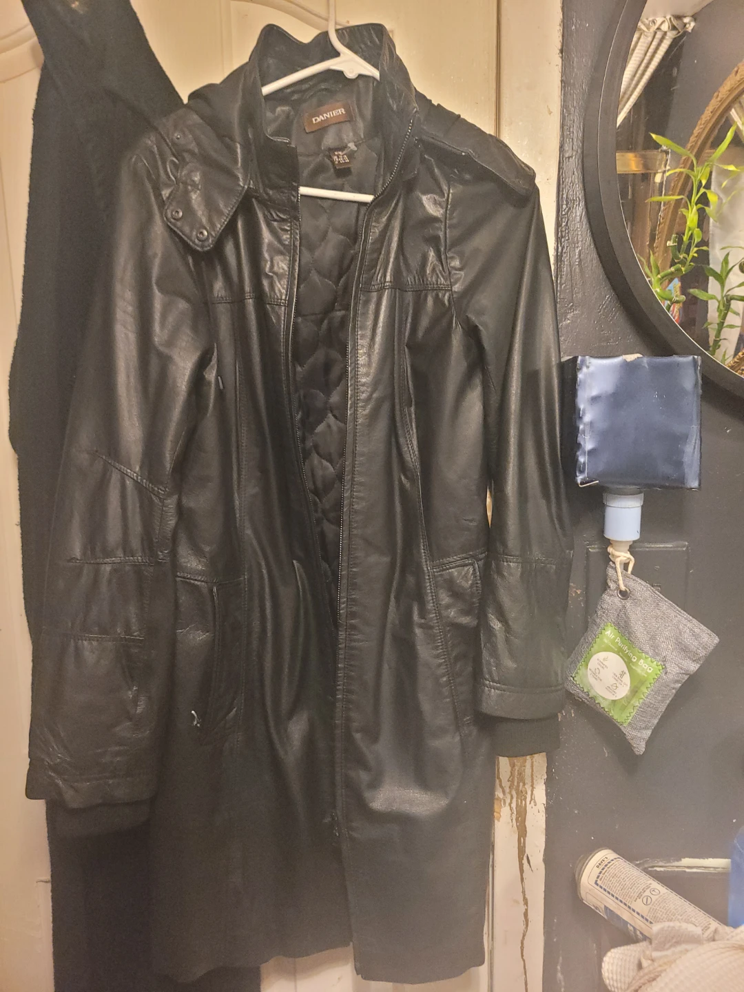 Danier Black Leather Hooded Coat - Size M