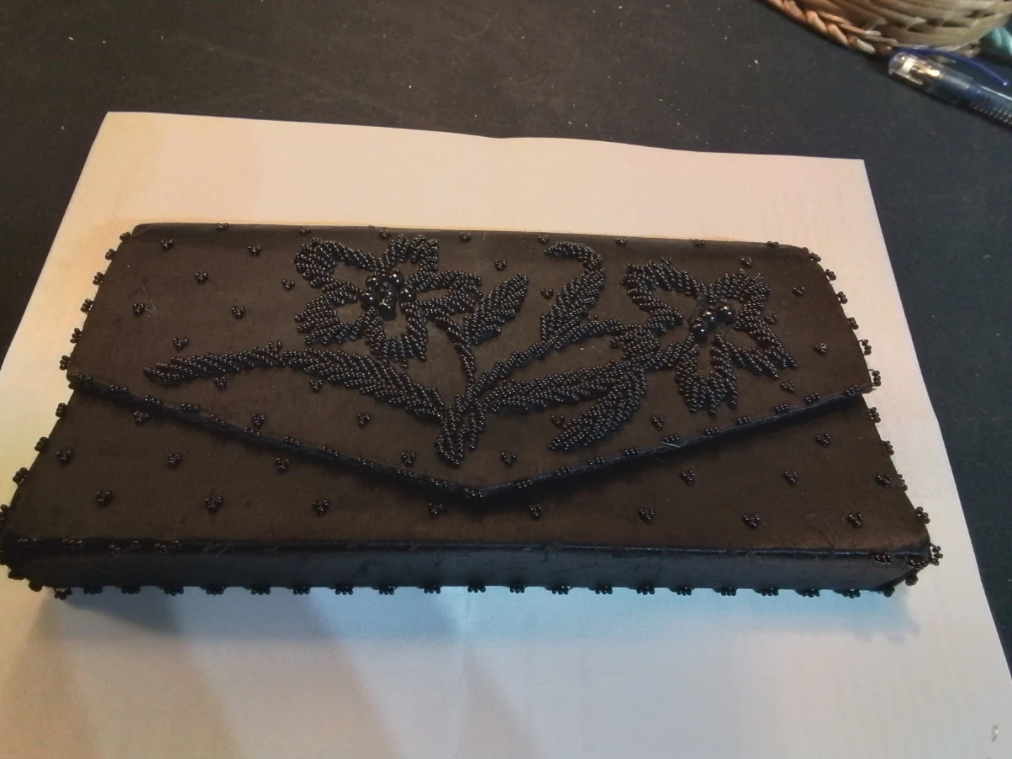 Vintage Hand Made Black Satin Floral Beaded Clutch