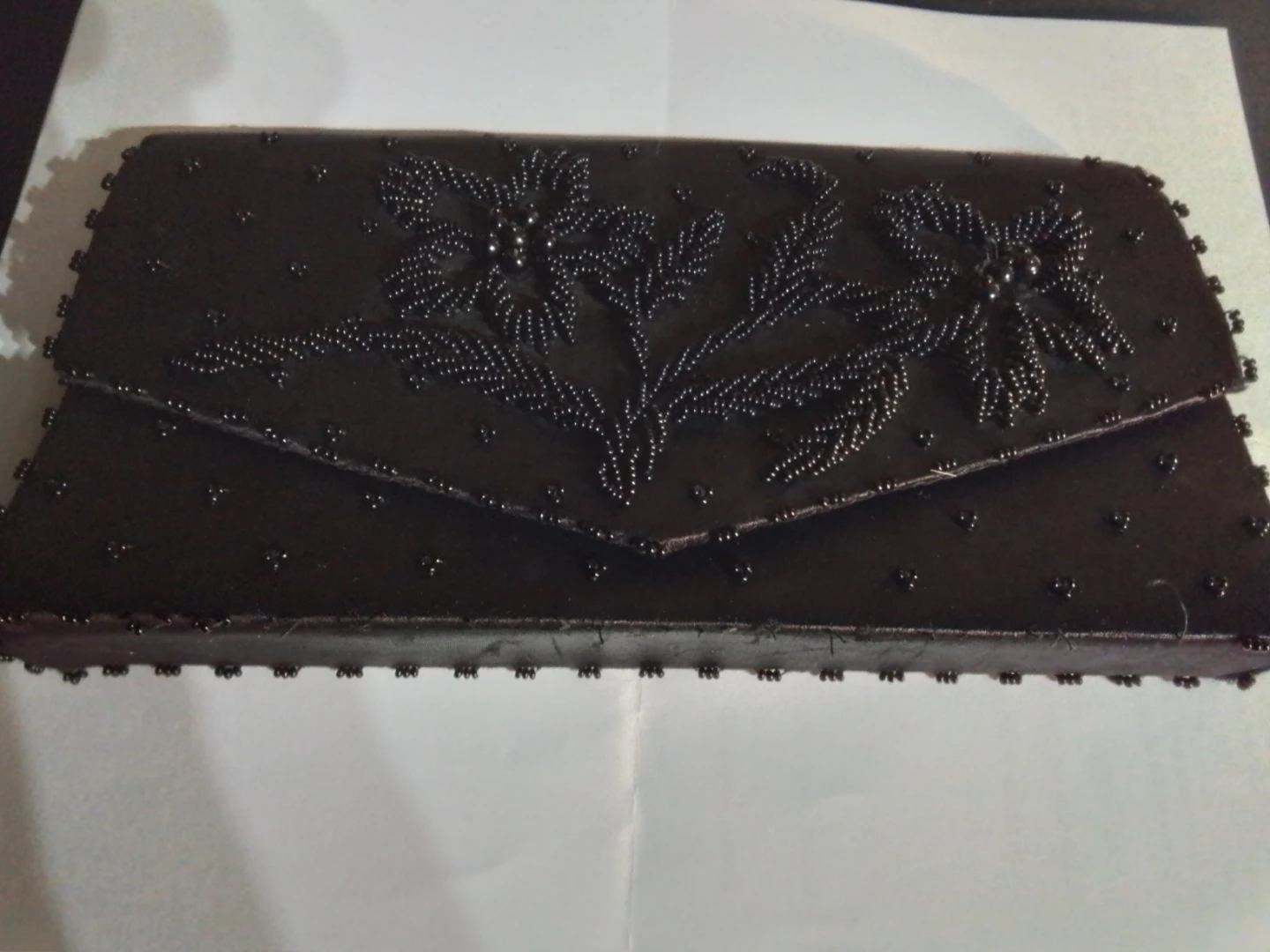 Vintage Hand Made Black Satin Floral Beaded Clutch - photo 2