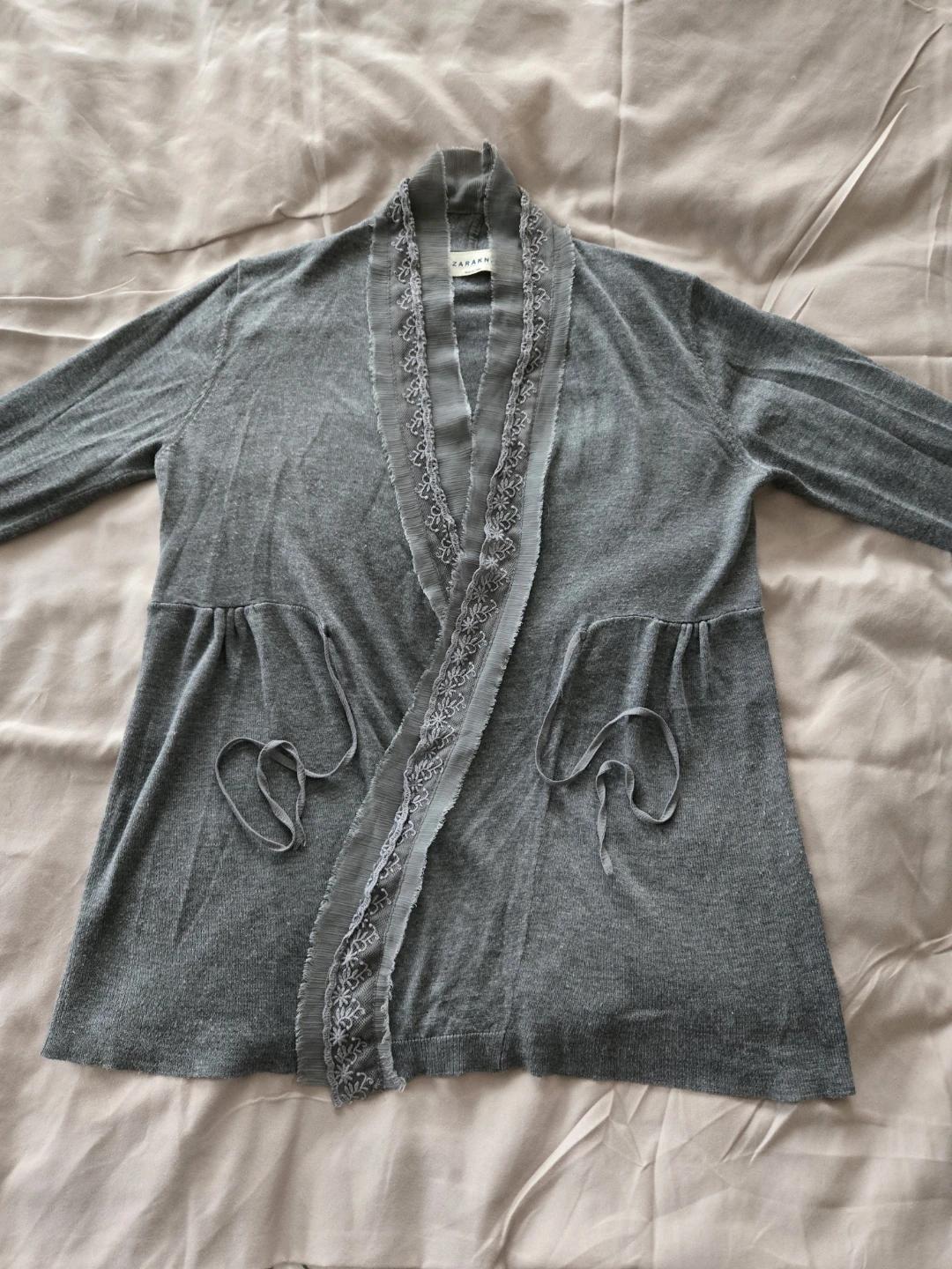 Zaraknit Grey Cardigan Sweater with Lace