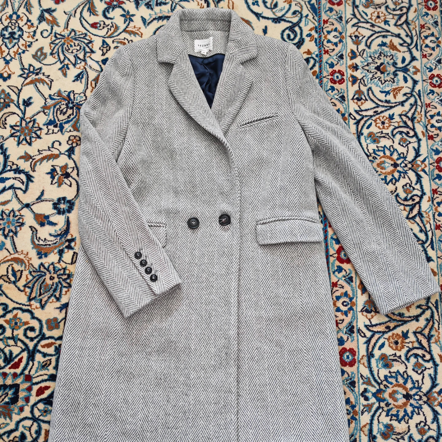 SEZANE Grey Herringbone Wool Blend Coat - photo 4