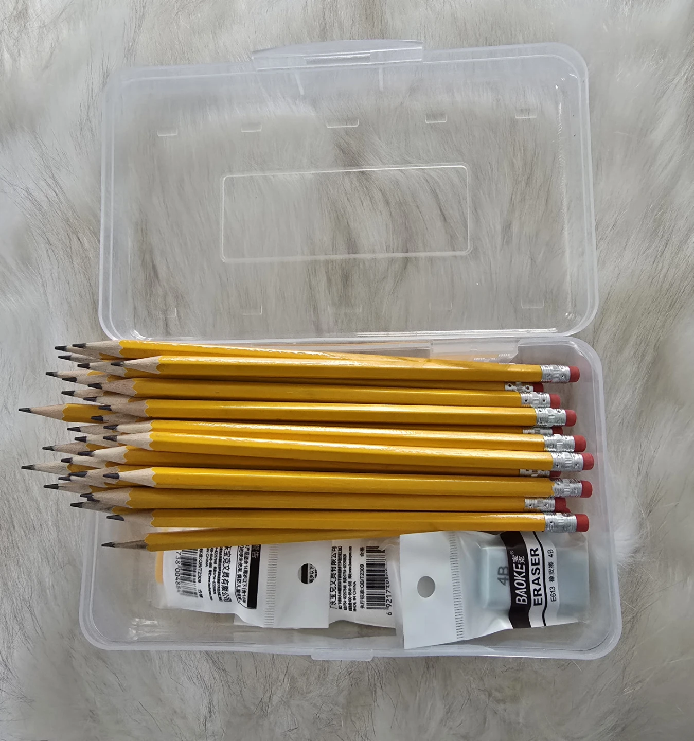 Clear pencil box with 30 Yellow Pencils with 4 Eraser Set