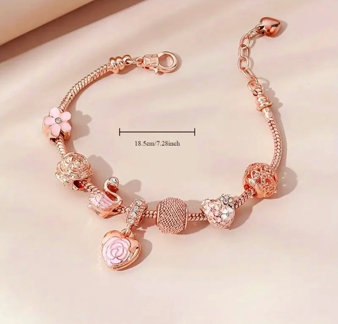 Rose Gold Charm Bracelet with Swan, Rose, and Heart Charms - photo 3