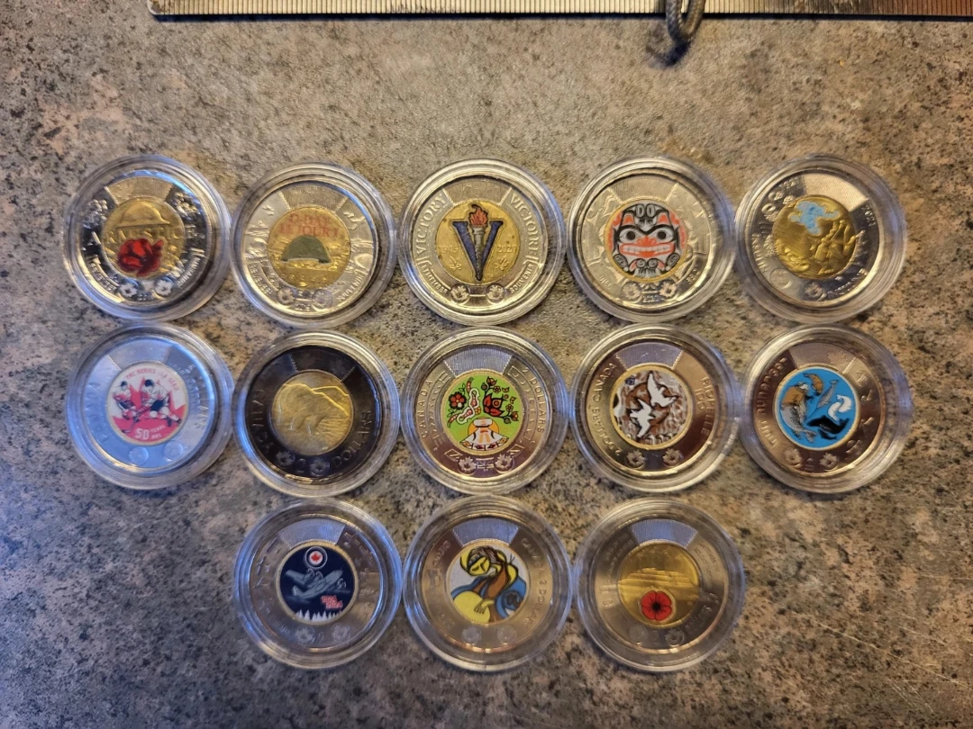 Collection of Canadian Colored Toonies $90 Cash
