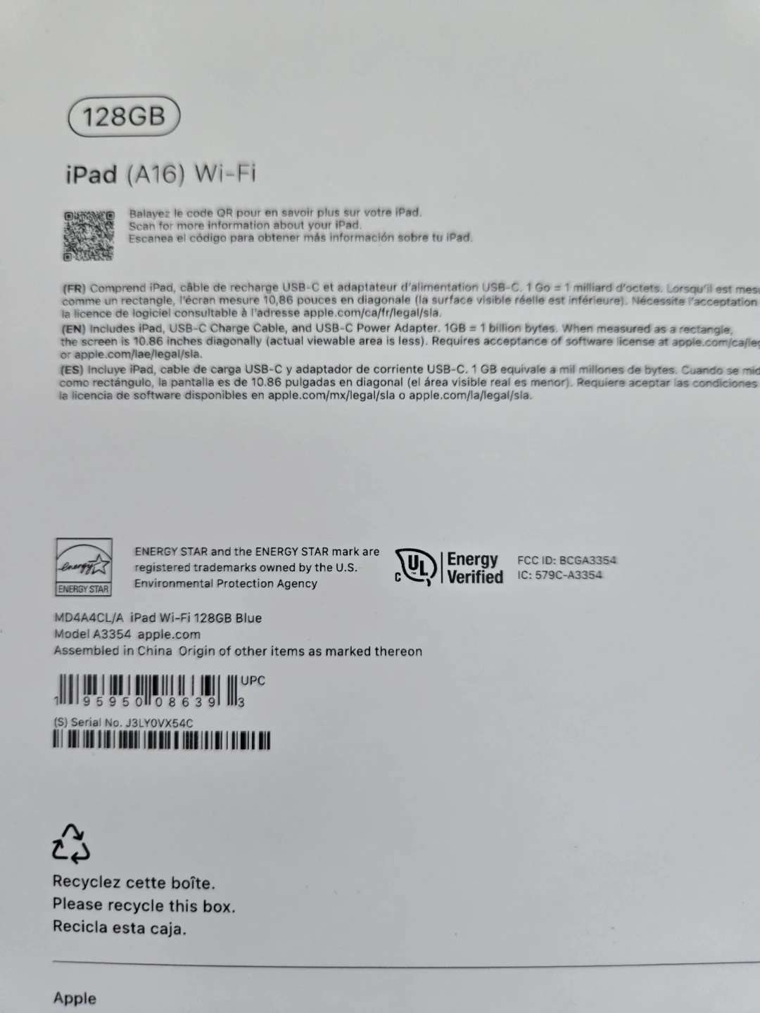 Ipad A16-A3354 Box Only - photo 2