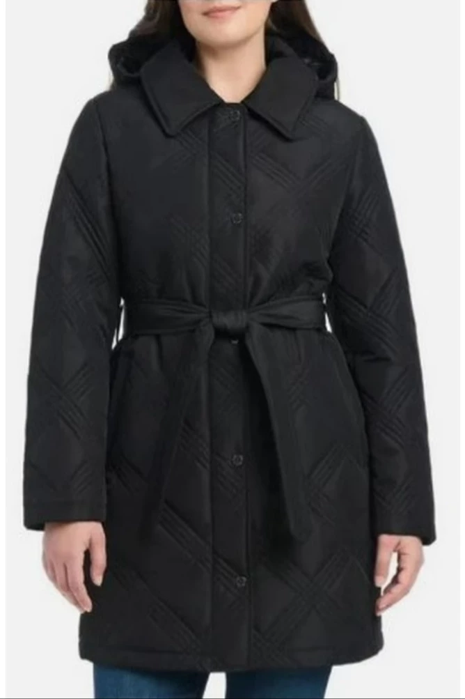 NWT Jones New York Women’s Black Quilted Hooded Belted Coat