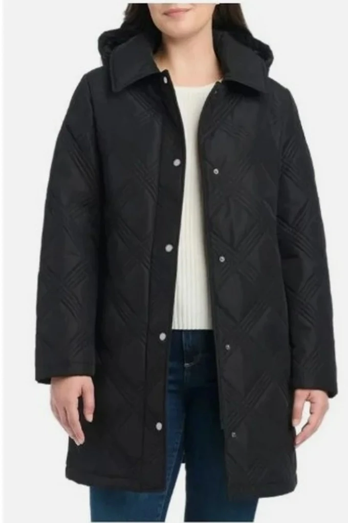 NWT Jones New York Women’s Black Quilted Hooded Belted Coat - photo 2