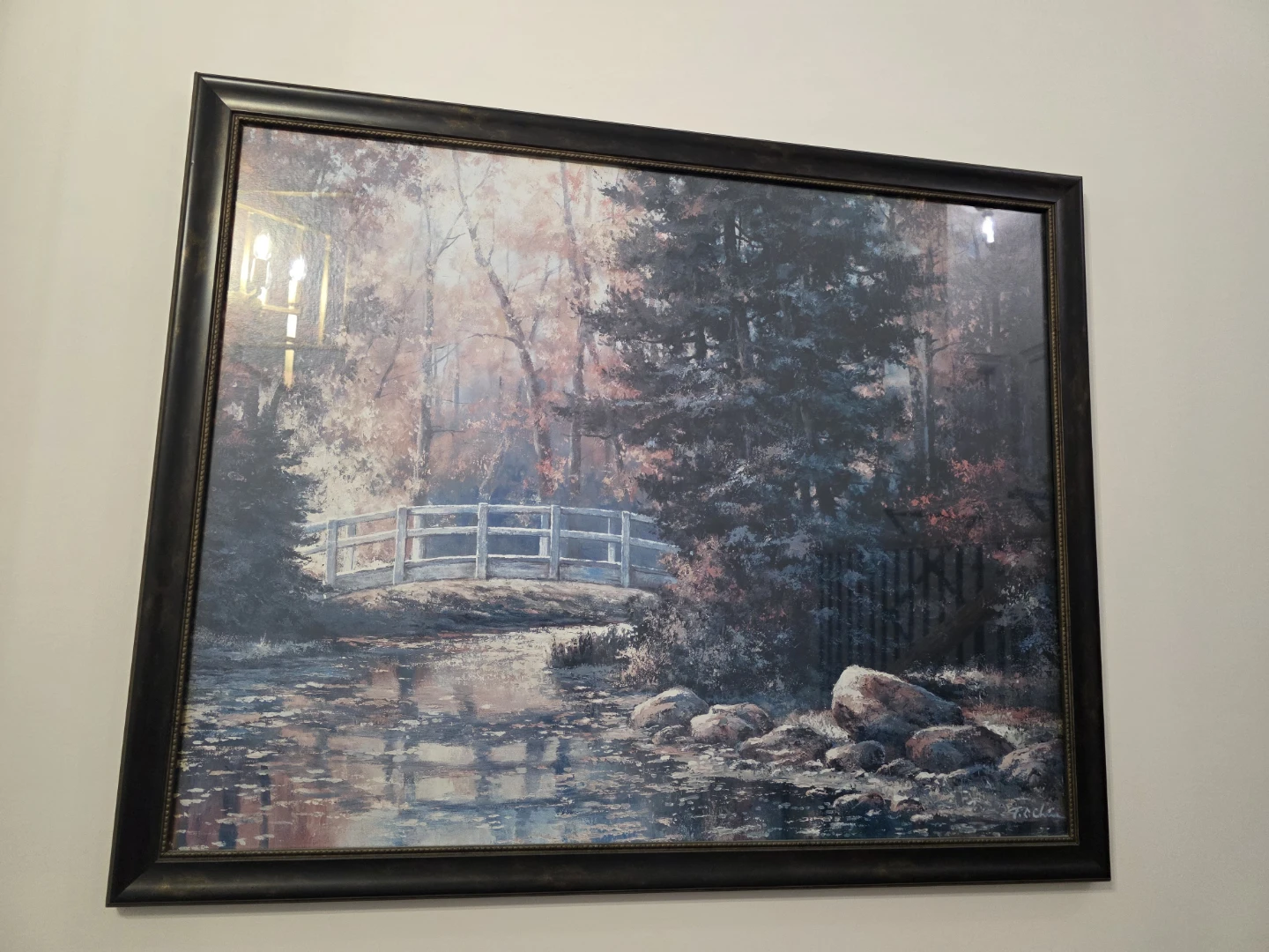 Framed Landscape Print with Bridge and Stream