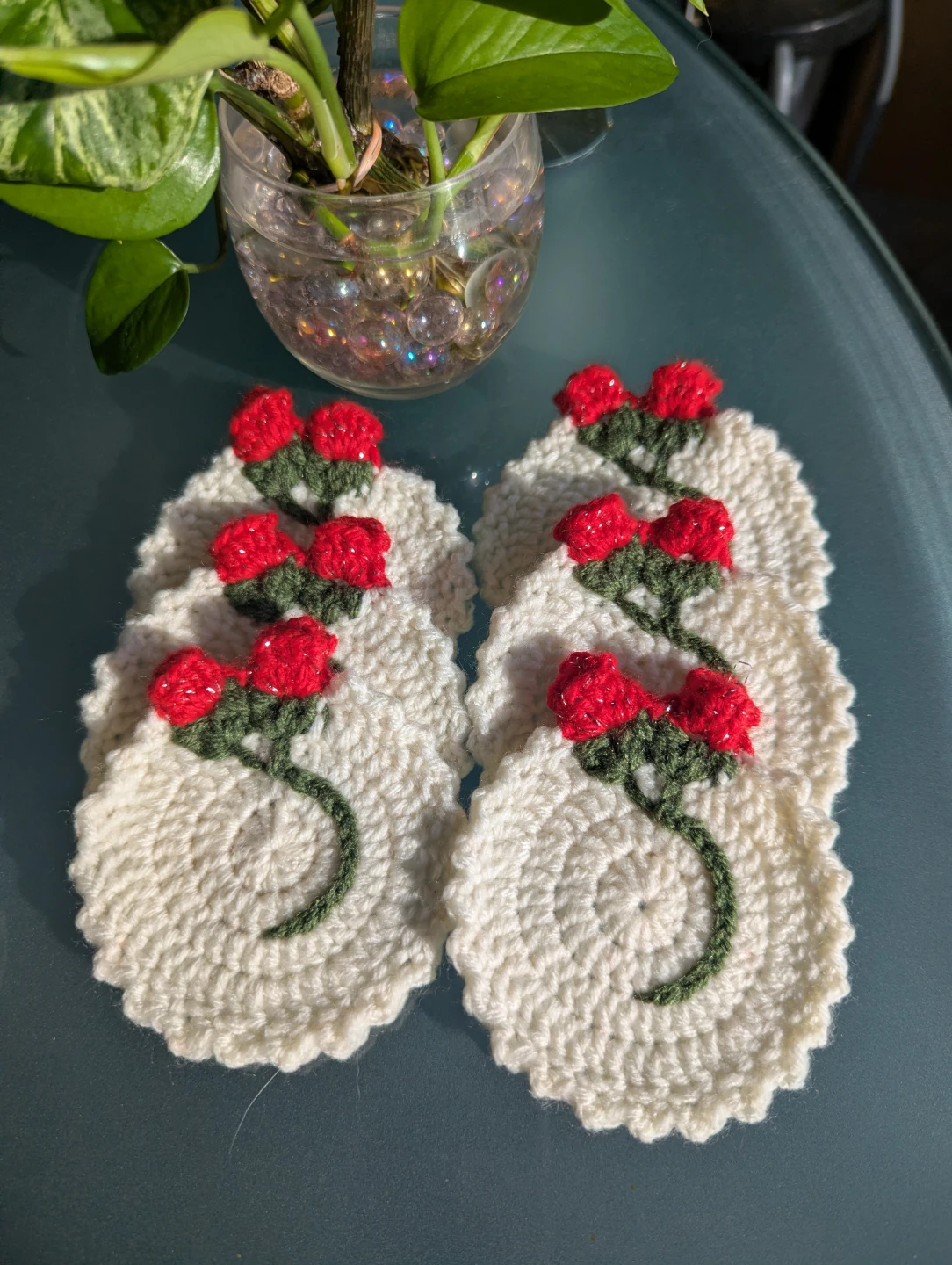 Handmade Crochet Coasters with Rose Design (Set of 6)