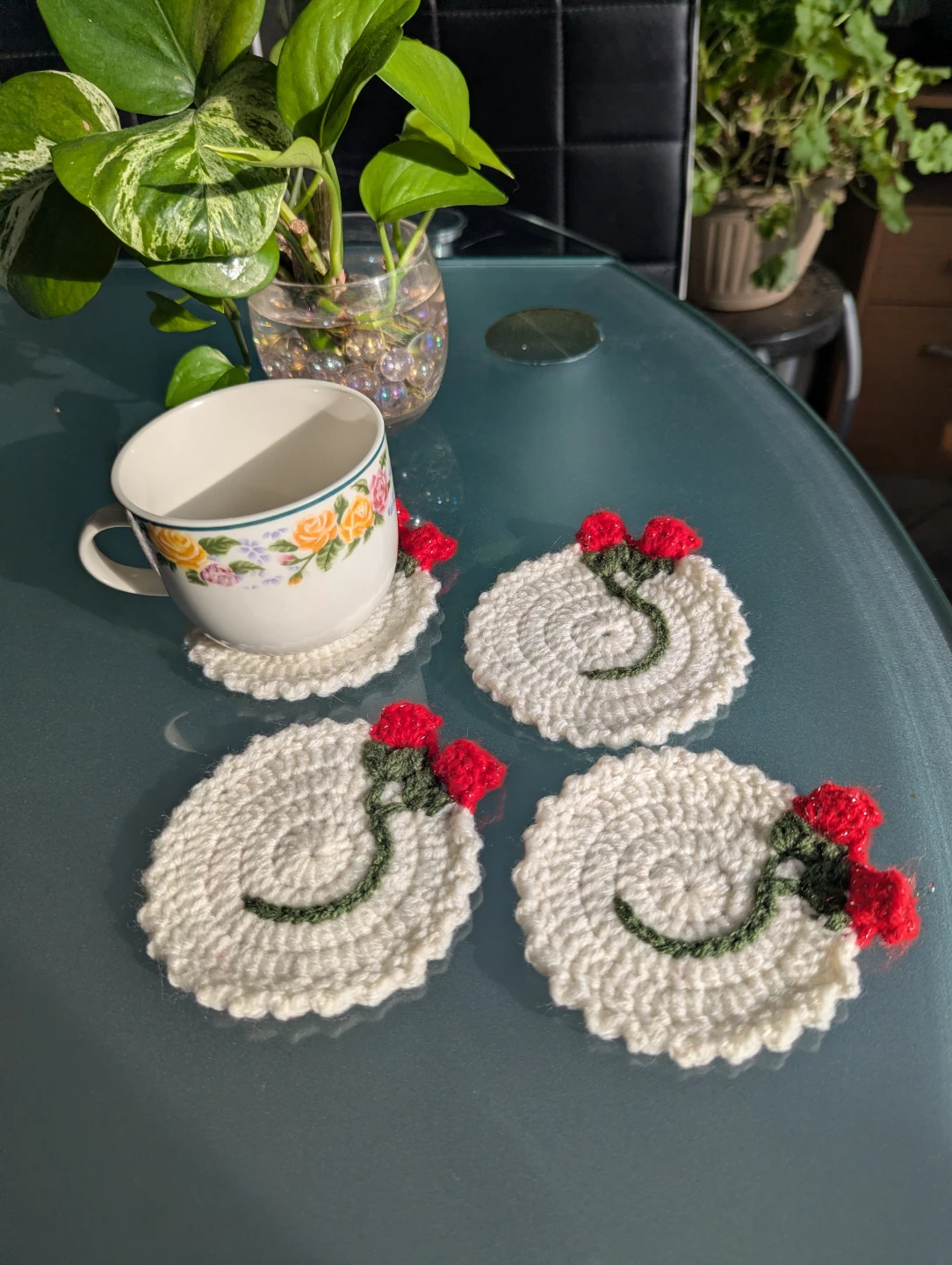 Handmade Crochet Coasters with Rose Design (Set of 6) - photo 5