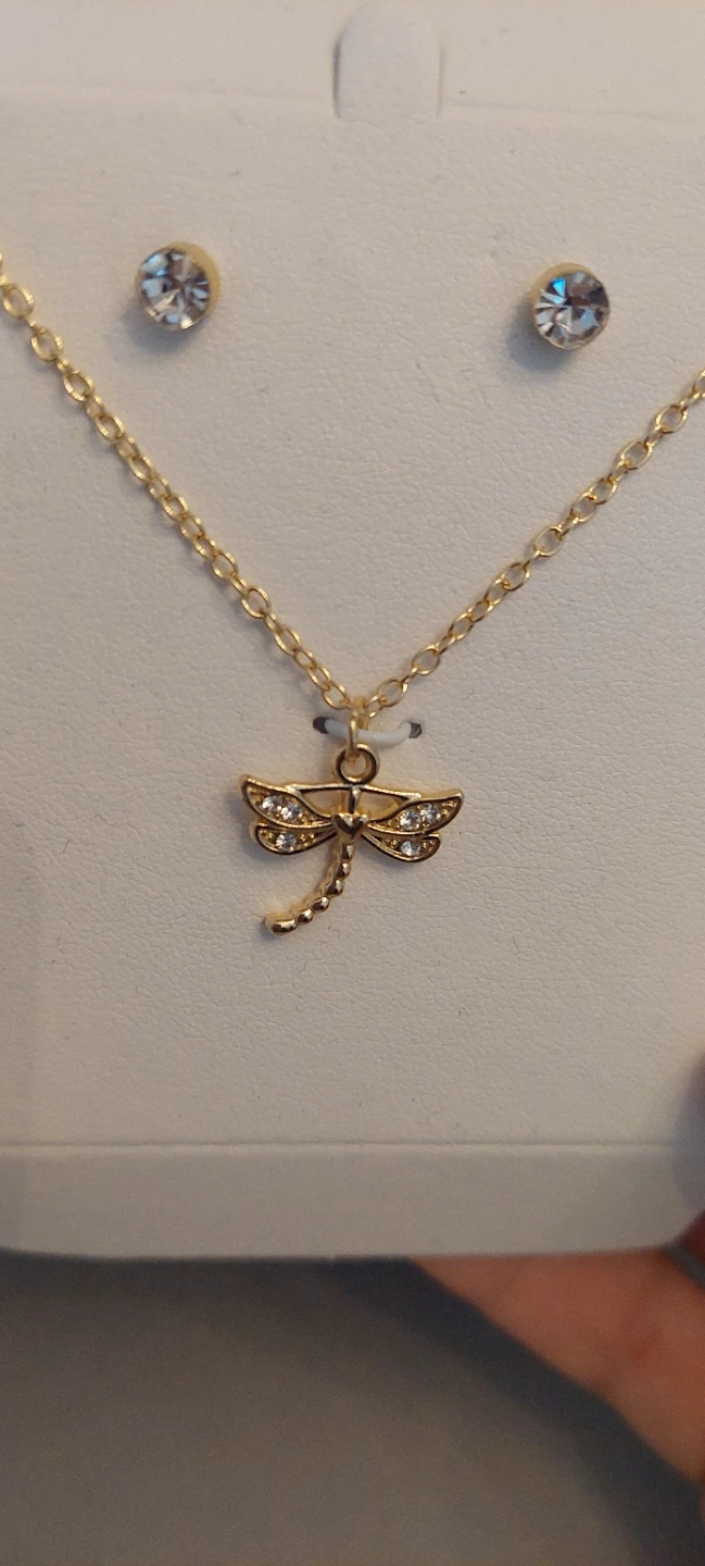 Dragonfly Necklace & Earring Set - Gold Tone