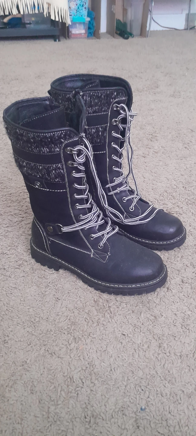 Black Lace-Up Boots with Knit Accents