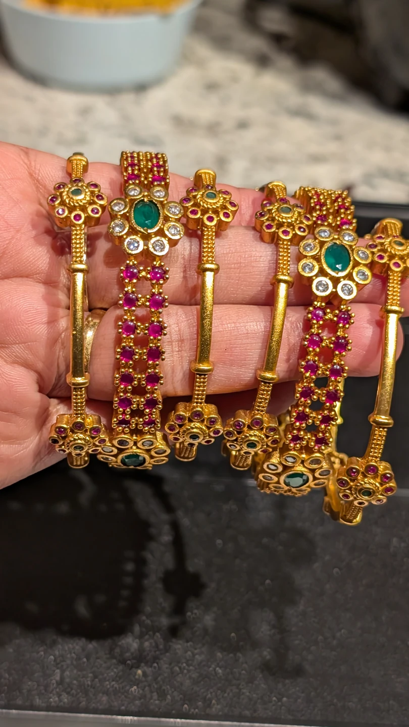 Gold plated South Indian Bangles with Emerald and Ruby Stones - photo 2