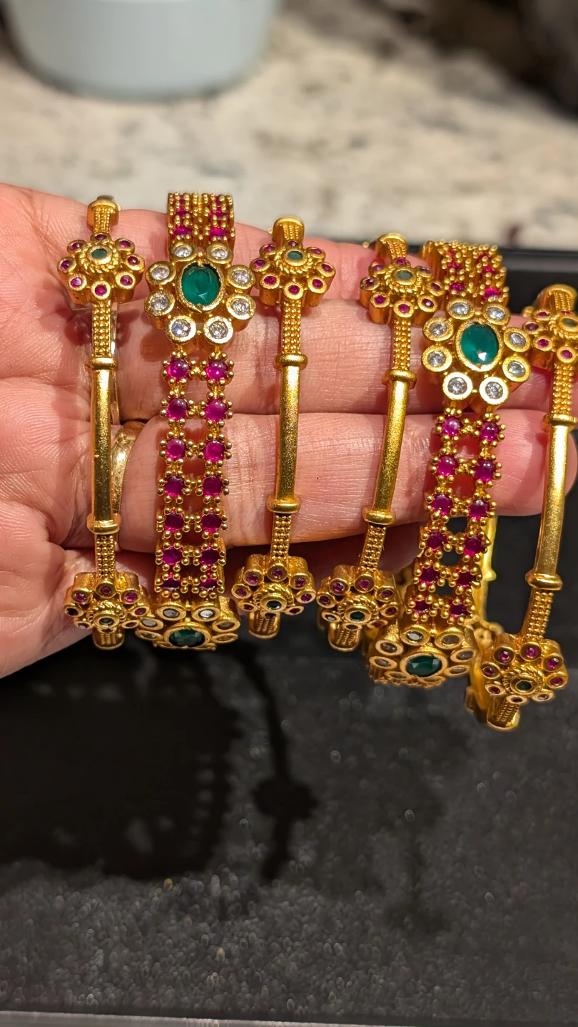 Gold plated South Indian Bangles with Emerald and Ruby Stones - photo 3