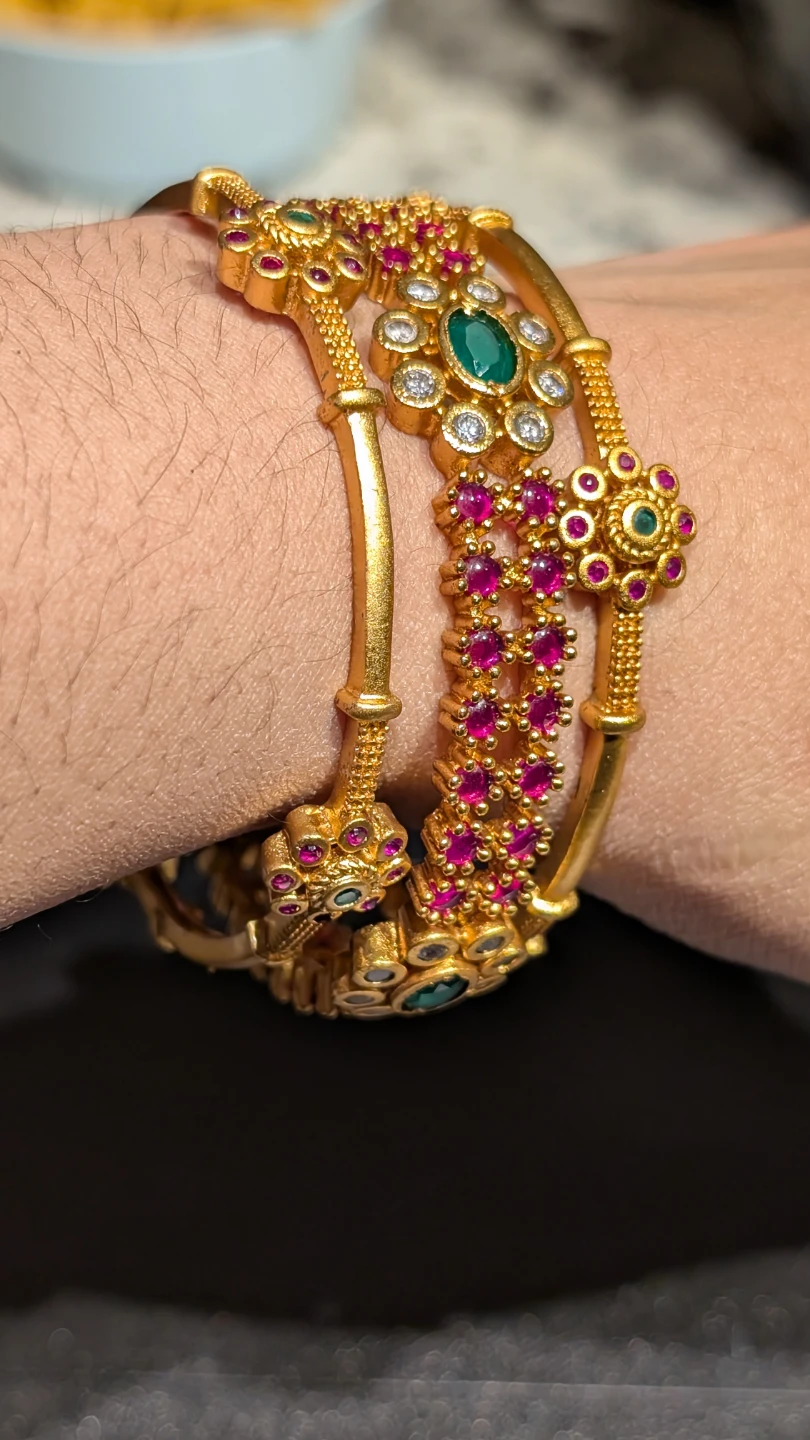 Gold plated South Indian Bangles with Emerald and Ruby Stones - photo 4