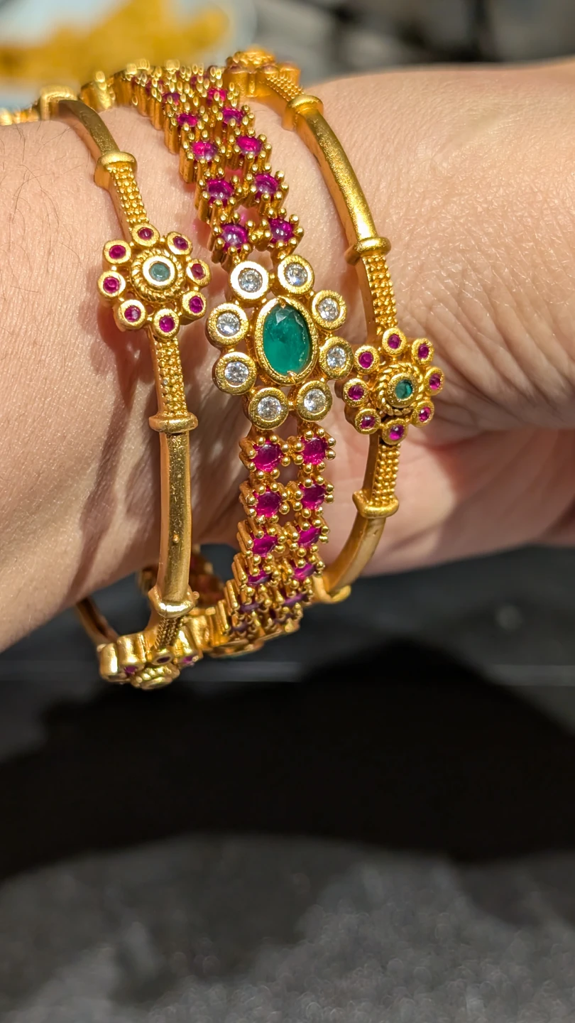 Gold plated South Indian Bangles with Emerald and Ruby Stones - photo 5