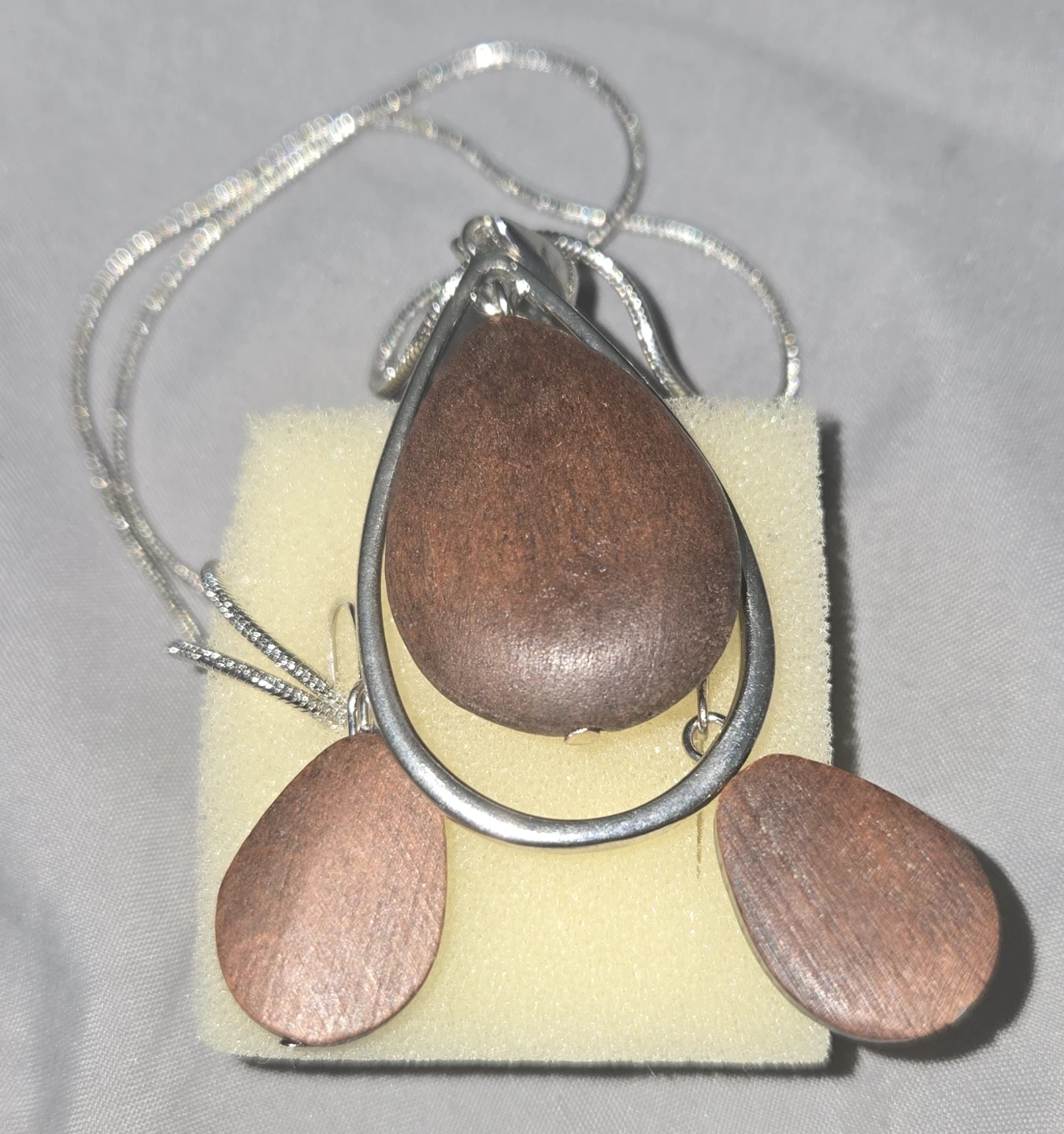 Wood and Silver Tone Pendant Necklace with Matching Earrings Set