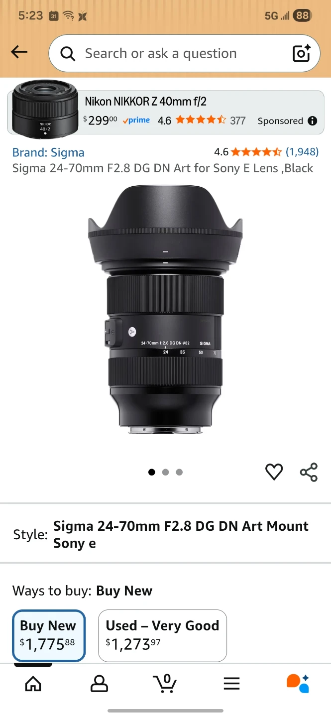 Sigma 24-70mm f/2.8 DG DN Art Lens for Sony full frame E mount